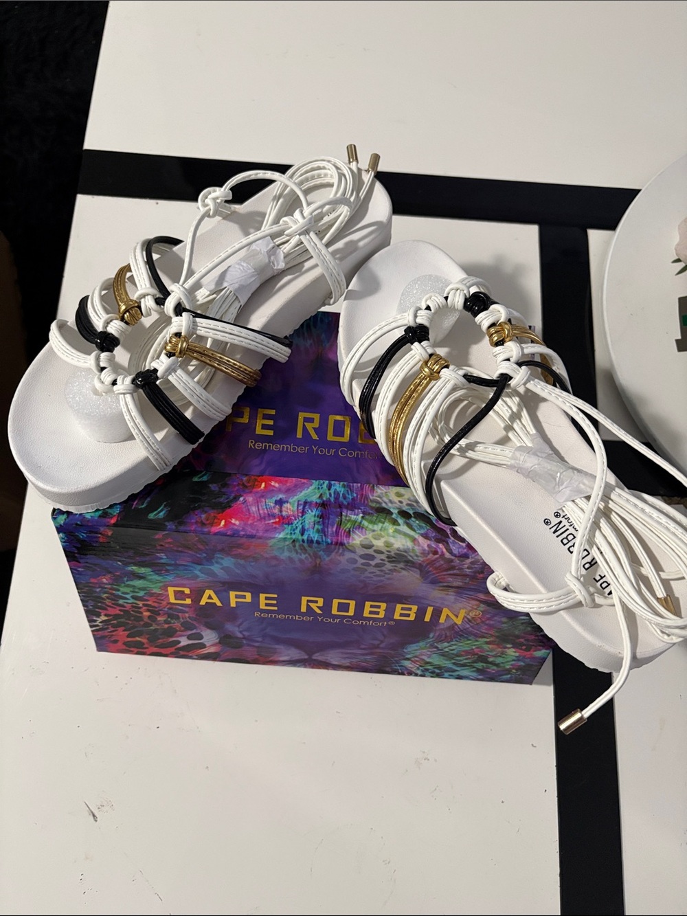 Cape Robbin White Lace-Up Gladiator Sandals with Black & Gold Accents